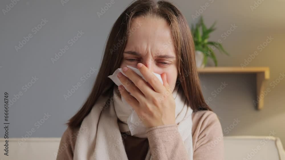 Seasonal allergy. Sick woman. Flu symptom. Unwell sad woman with brown hair blowing nose in tissue suffering runny nose frowning face from pain in home interior. Seasonal allergy. Sick woman. Flu symptom. Unwell sad woman with brown hair blowing nose in tissue suffering runny nose frowning face from pain in home interior.