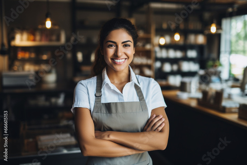 Smiling coffee shop owner standing on her workplace with arms crossed