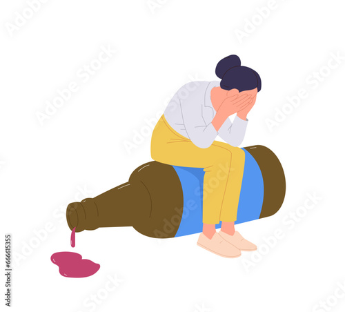 Sad unhappy crying woman feeling loneliness sitting on wine bottle suffering from alcohol addiction
