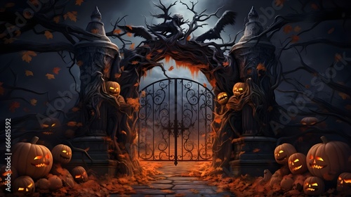 gates of halloween with scary deroration pumpkin and trees