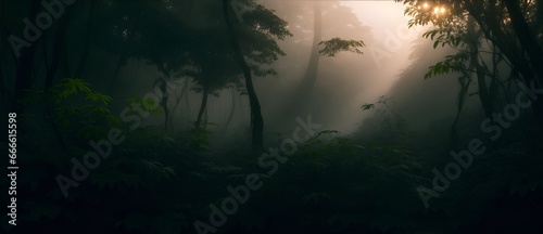 Foliage of foggy dark forest jungle at sunset from Generative AI