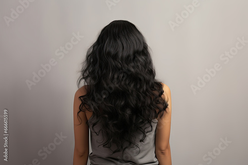 Back view woman with long black hair at back on studio light gray background.