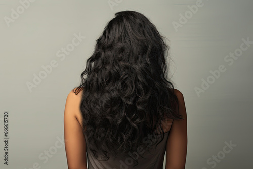 Back view woman with long black hair at back on studio light gray background. photo