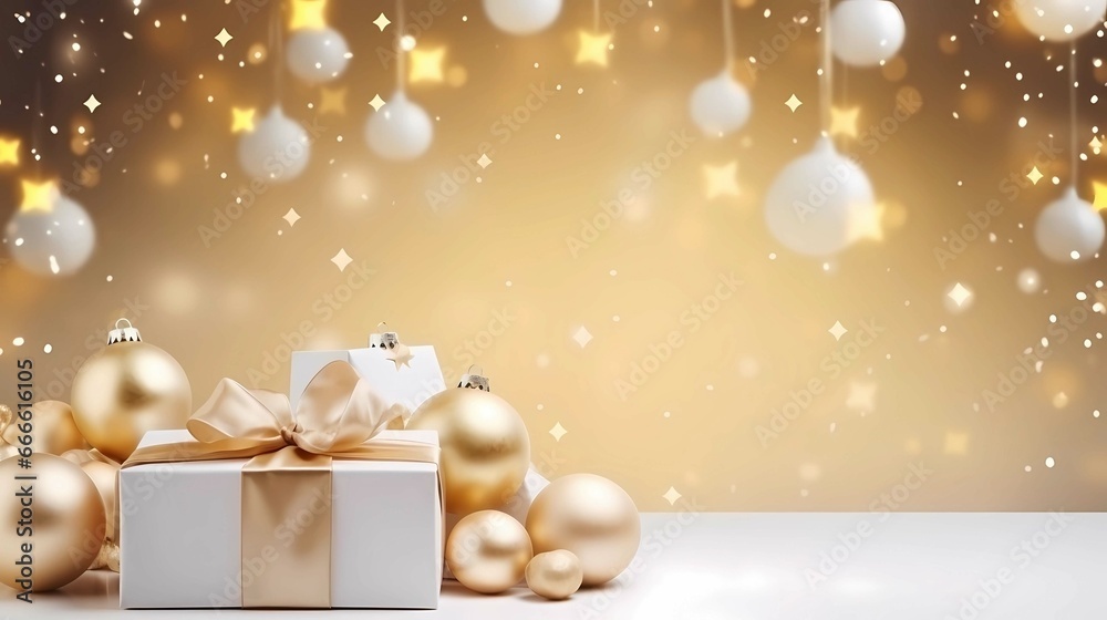 Christmas and New Year background with golden gift boxes and christmas tree, Generatives AI illustrations. 