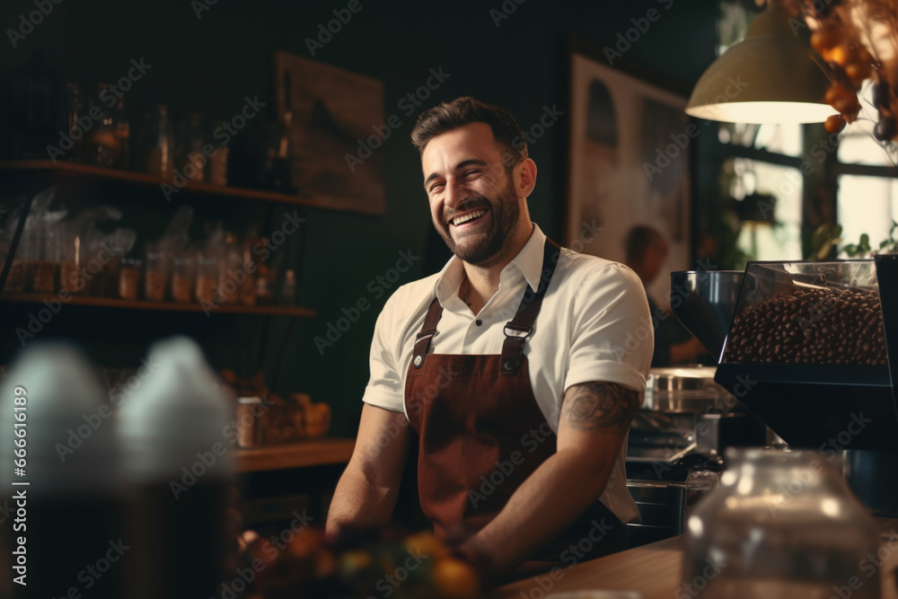 Smiling barista enjoys the aroma of coffee beans in cafeteria