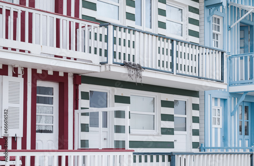 Striped and colorful beach houses in Costa Nova, Aveiro, Portugal