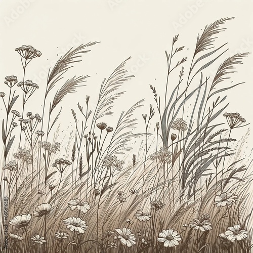 Serene Wildflowers and Grasses on Neutral Beige Background
