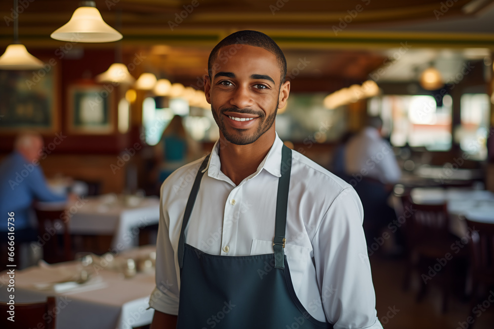 portrait of smiling poc waiter, male server wearing apron in restaurant
