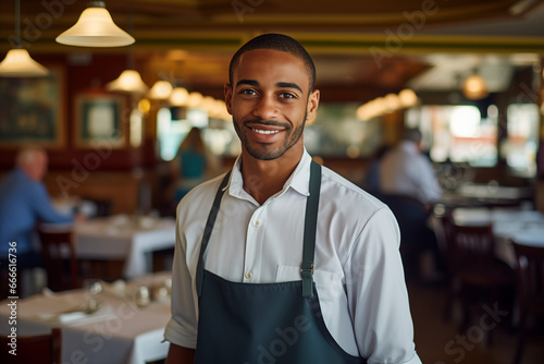 portrait of smiling poc waiter, male server wearing apron in restaurant