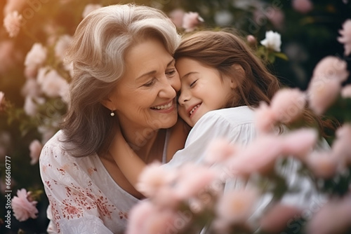 Smile  mother and child in a garden for love  peace and care together on mothers day  Happy  relax and calm woman with affection for her senior mom at a home for people in retirement in a backyard