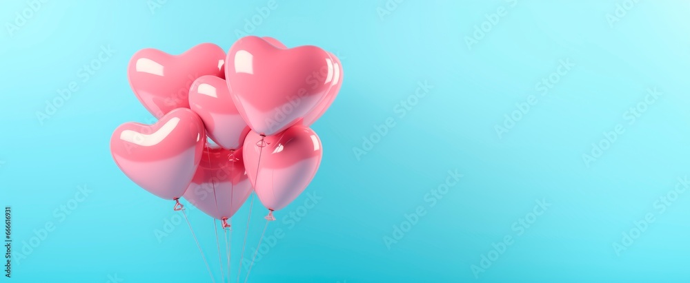 metallic pink heart shaped helium balloons on blue background. Valentine's Day or wedding party decoration. love concept. Copy space for text metallic pink heart shaped helium balloons on blue background. Valentine's Day or wedding party decoration. love concept. Copy space for text
