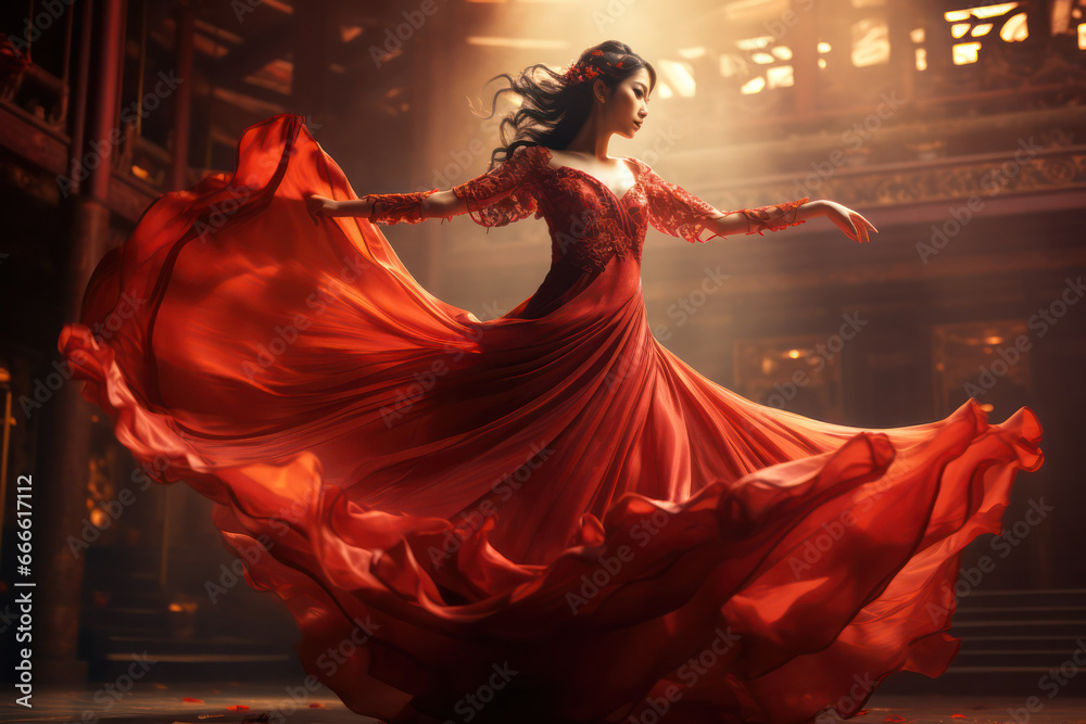 Obraz premium Elegant Asian Woman Dancing in a Red Long Dress - Graceful Movement