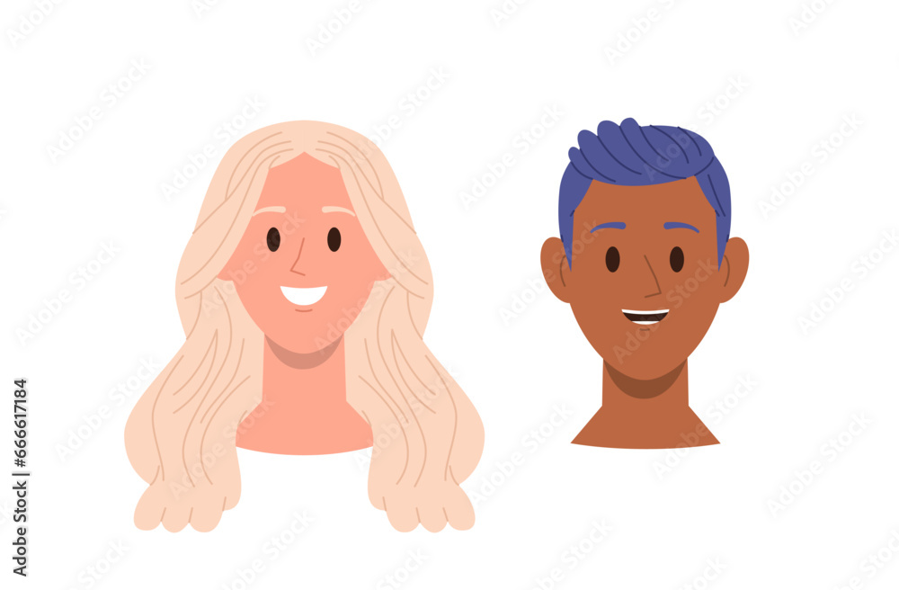 Happy smiling face of man and woman characters with healthy hair, balding problem solution Happy smiling face of man and woman characters with healthy hair, balding problem solution