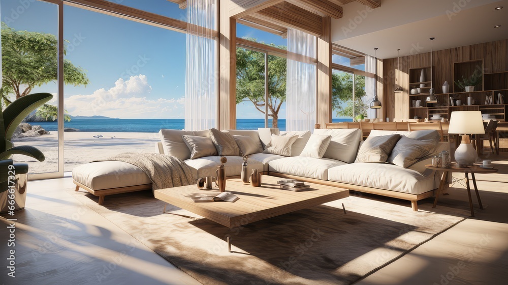 An ocean beach view out the window of a modern penthouse living room.