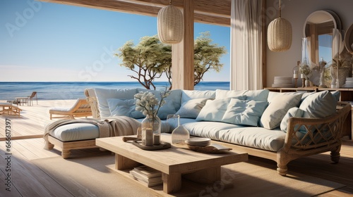 An ocean beach view out the window of a modern penthouse living room. © Suwanlee