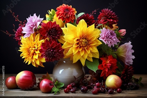Still life with fall flowers. Beautiful seasonal bouquet on wooden table. Colorful dahlia and chrysanthemum. Generative AI