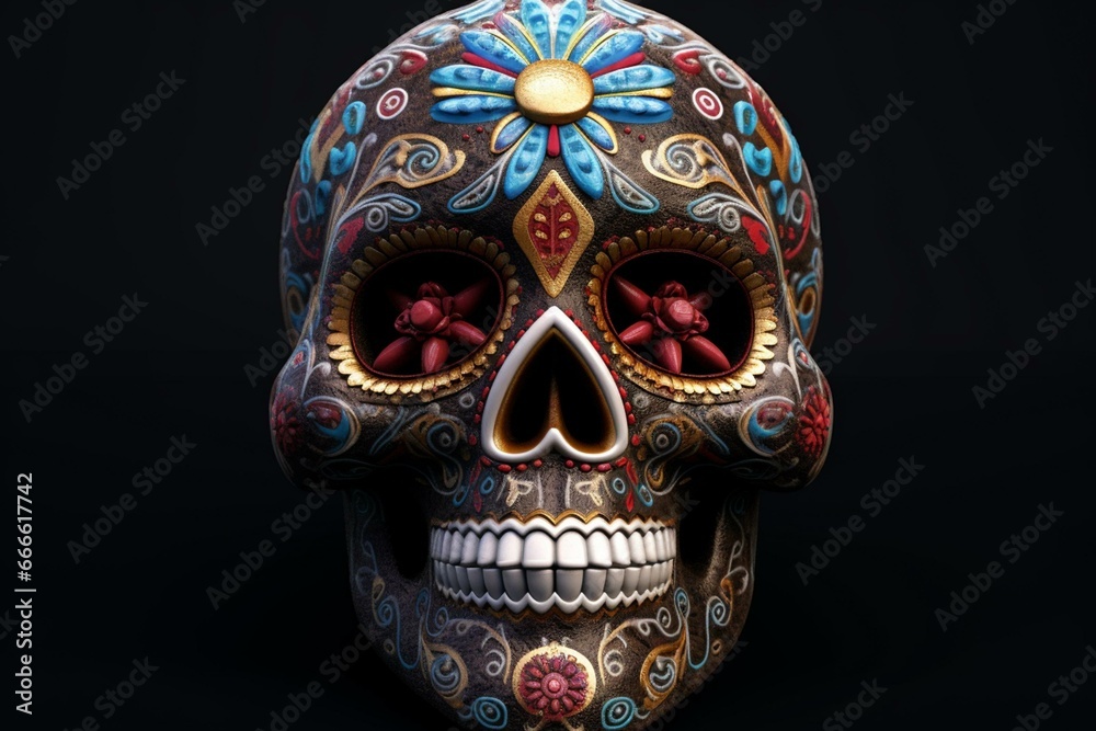 Realistic 3D render of a decorated sugar skull on a black background. Generative AI