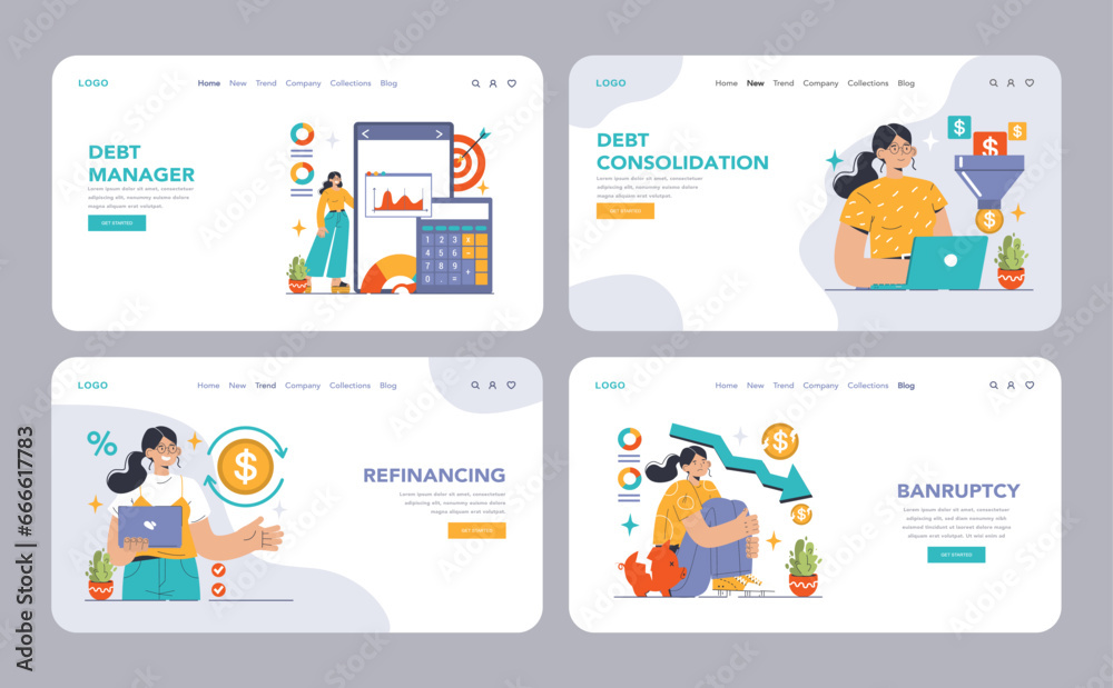 Debt management web banner or landing page set. Organization, tracking Debt management web banner or landing page set. Organization, tracking