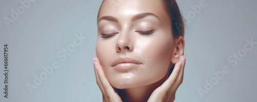Skin Care and Beauty Concept Photo of Woman with Clean and Healthy Skin Touching Her Face