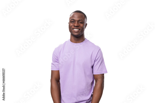 young american man with short haircut wearing a basic light purple t-shirt with space for printing on textiles