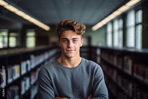 Single portrait of smiling confident male student teenager looking at camera in library photo