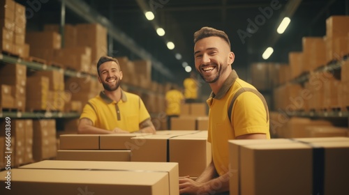 Two smiling workers in modern warehouse against boxes background