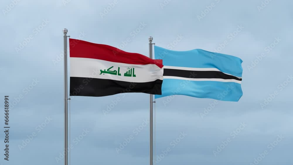 Botswana flag and Iraq flag waving together on cloudy sky, endless seamless loop, two country relations concept Botswana flag and Iraq flag waving together on cloudy sky, endless seamless loop, two country relations concept