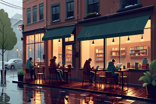 Outdoor Illustration of a cafe with tables and chairs in the evening