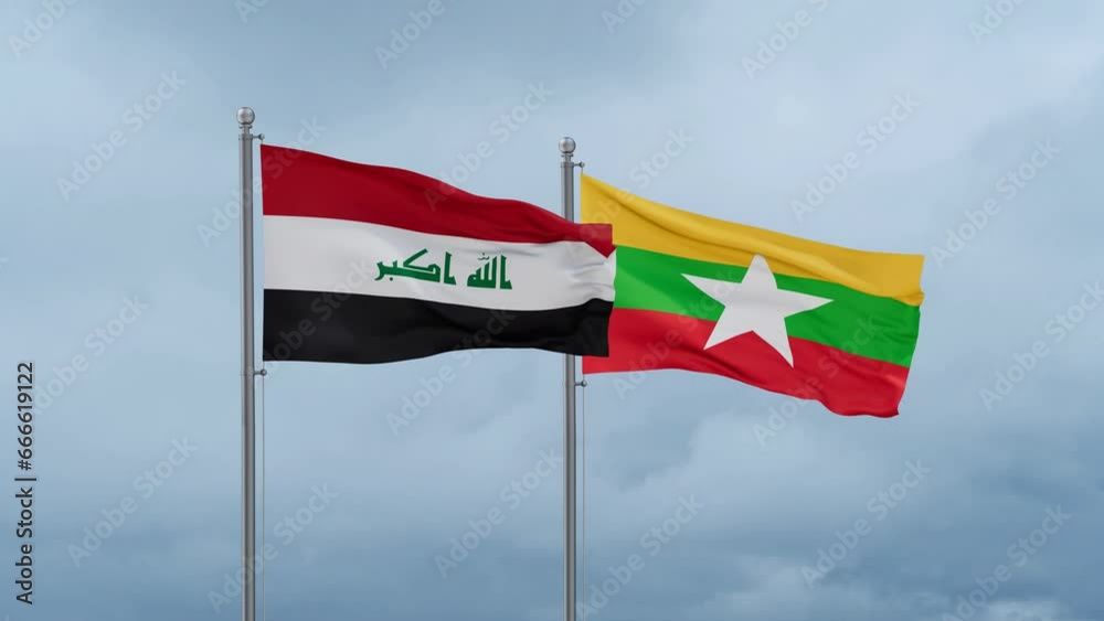 Myanmar aka Burma flag and Iraq flag waving together on cloudy sky, endless seamless loop, two country relations concept Myanmar aka Burma flag and Iraq flag waving together on cloudy sky, endless seamless loop, two country relations concept