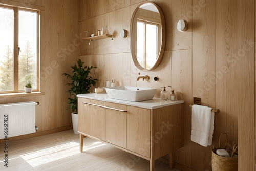 11. Modern bathroom and luxurious house design. Sink  bathtub and wooden furniture. Generative AI