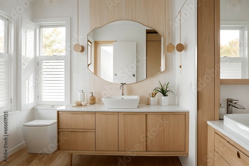 7. Modern bathroom and luxurious house design. Sink  bathtub and wooden furniture. Generative AI