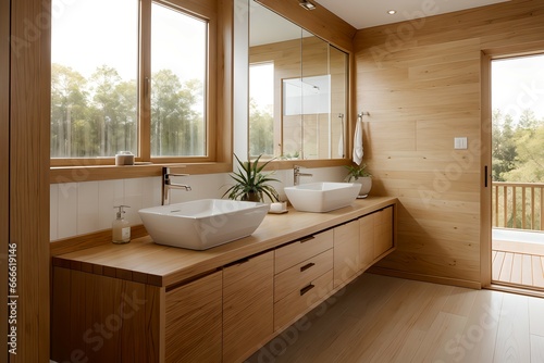 4. Modern bathroom and luxurious house design. Sink, bathtub and wooden furniture. Generative AI