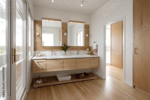 3. Modern bathroom and luxurious house design. Sink, bathtub and wooden furniture. Generative AI