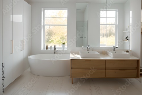 1. Modern bathroom and luxurious house design. Sink  bathtub and wooden furniture. Generative AI