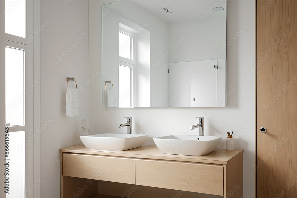1. Modern bathroom and luxurious house design. Sink, bathtub, mirror and wooden furniture. Generative AI 1. Modern bathroom and luxurious house design. Sink, bathtub, mirror and wooden furniture. Generative AI