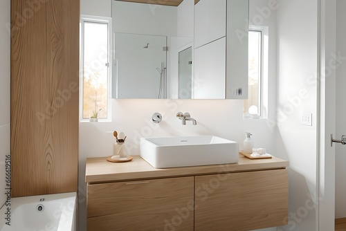 3. Modern bathroom and luxurious house design. Sink  bathtub  mirror and wooden furniture. Generative AI