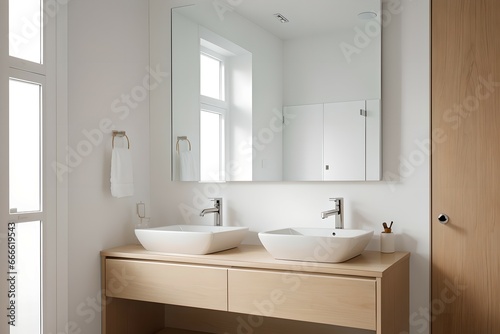 1. Modern bathroom and luxurious house design. Sink  bathtub  mirror and wooden furniture. Generative AI