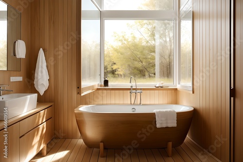 13. Photos of bathroom design interiors consisting of Scandinavian-style faucets  windows  tubs and sinks. Generative AI