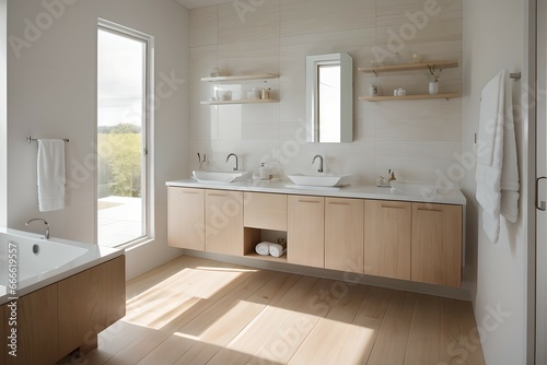 3. Modern bathroom and luxurious design. Sink, bathtub and wooden furniture. Generative AI
