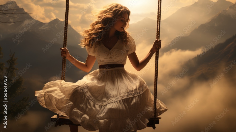 woman on a swing in the mountains ai generated - obrazy, fototapety, plakaty 