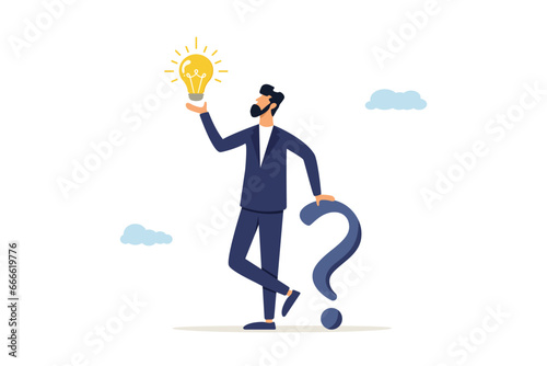 Questions and answers or problem solution, frequently asked questions, frequently asked questions, creative thinking idea. Smart businessman holding question mark and light bulb.