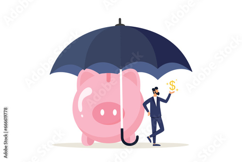 Protection and insurance of financial savings in an economic crisis, the confidence of a businessman-investor in his money in a piggy bank covered with an umbrella.