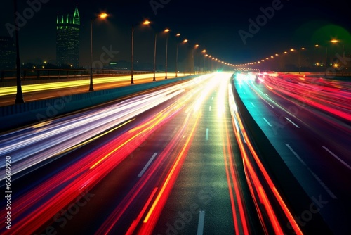 vibrant car lights in traffic at night. Generative AI