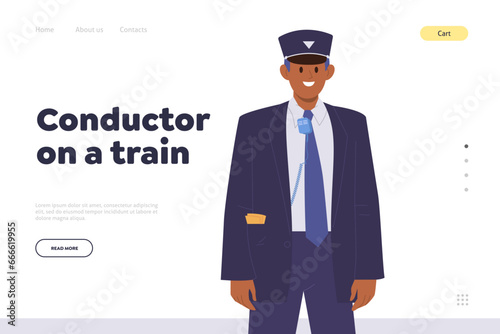 Landing page template online company website advertising conductor on train professional service