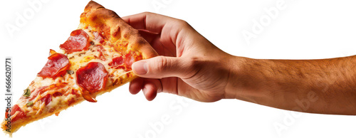 Hand holding delicious slice of pepperoni pizza, cheese, salami, PNG, Transparent, isolate.