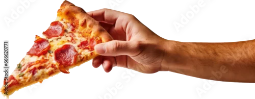 Obraz  z motywem Hand holding delicious slice of pepperoni pizza, cheese, salami, PNG, Transparent, isolate.