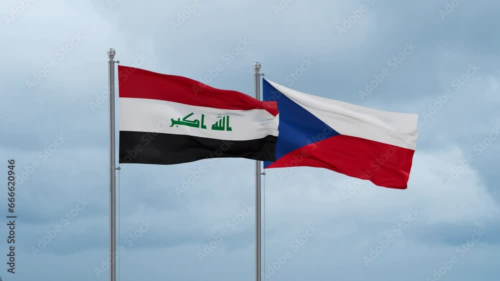 Czech Republic flag and Iraq flag waving together on cloudy sky, endless seamless loop, two country relations concept