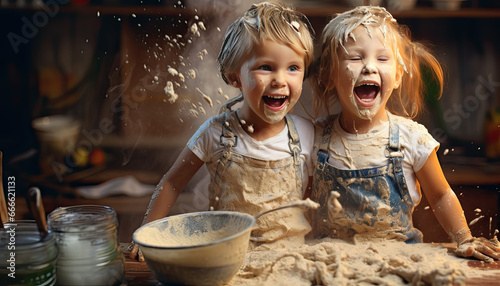 kids chef in kitchen splashing flour, happy cooking learning time