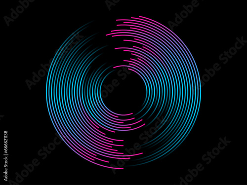 Abstract circle line pattern spin blue pink light isolated on black background in the concept of music, technology, digital