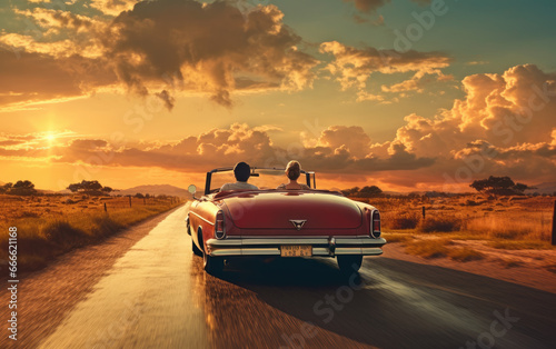 lovers traveling in a convertible drive on the highway at sunset